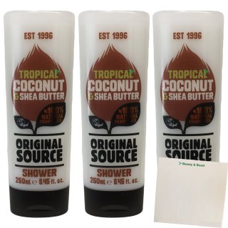 Original Source Tropical Coconut & Shea Butter Duschgel 3er Pack (3x250ml Flasche) + usy Block