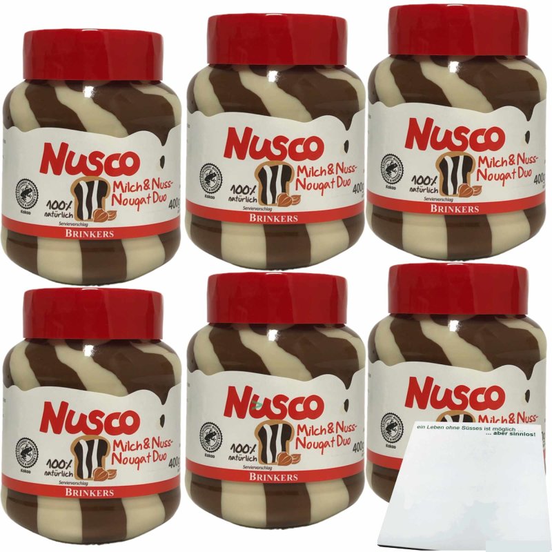 Nusco Milch &amp; Nuss Nougat Duo Creme 6er Pack (6x400g Glas) + usy Bloc