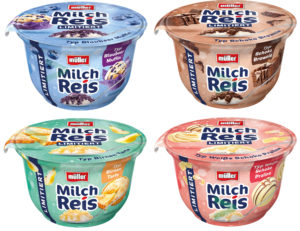 müller Milchreis Wintersorten 24: Blaubeer Muffin, Birnen Tarte, weisse Schoko Praline, Schoko Brownie